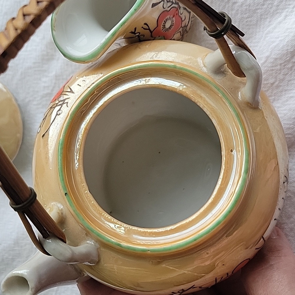 Vintage Japanese Hand Painted Floral Teapot And Pitcher.  Bamboo Handle. - Picture 2 of 10